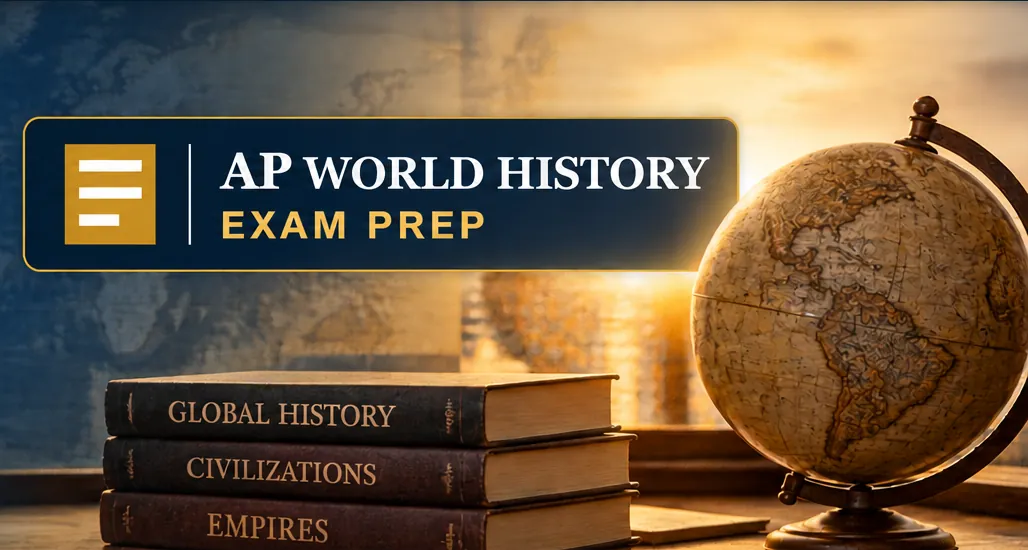 AP World History Exam Prep academic study graphic with history books and a globe
